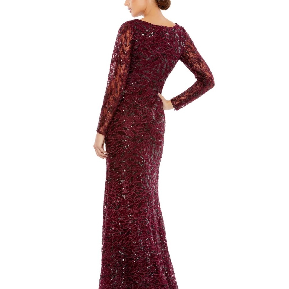 Mac Duggal NWT 12412 Burgandy LONG SLEEVE RUCHED SEQUINED V-NECK GOWN - Picture 3 of 7